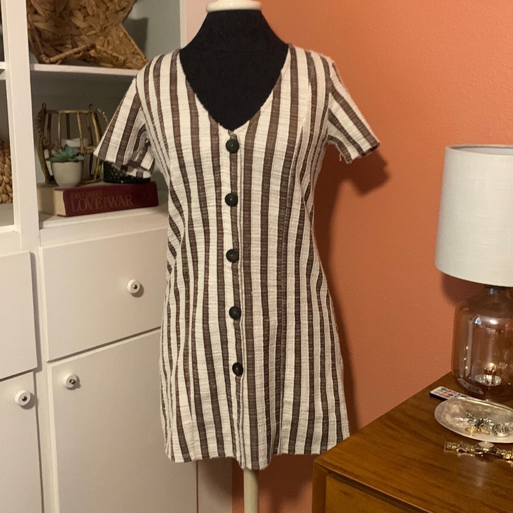 White and brown stripe button up dress